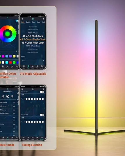 Floor Lamp, LED Corner Lamp Works with Remote Control, Modern Floor Lamp with Music Sync and 16 Million DIY Colors, Color Changing Standing Floor Lamp for Bedroom Living Room - LeafyLoom