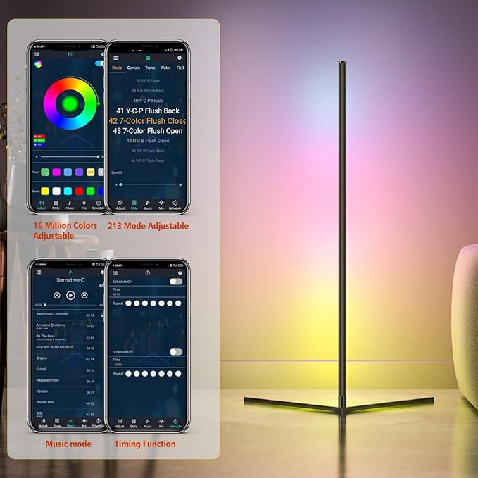 Floor Lamp, LED Corner Lamp Works with Remote Control, Modern Floor Lamp with Music Sync and 16 Million DIY Colors, Color Changing Standing Floor Lamp for Bedroom Living Room - LeafyLoom