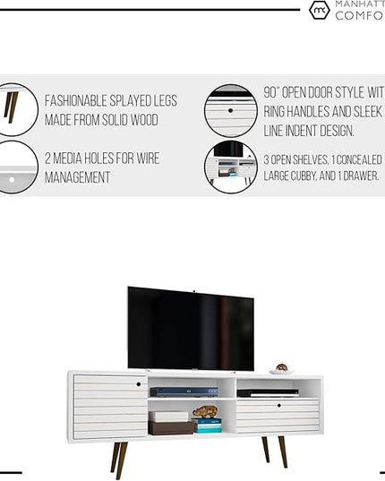 Manhattan Comfort Liberty Mid Century Modern TV Stand for Televisions up to 65 Inches, Bedroom and Living Room Entertainment Center with Storage, Shelves, and Cabinet, 71" Wide, White and Aqua Blue - LeafyLoom