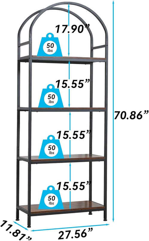 BRIAN & DANY Bookshelf, 4 Tier Tall Black Bookcase Metal Book Shelf, Larger Compartments Arched Display Shelves Open Storage Rack Shelving for Home Office, Bedroom, Living Room, Study, Antique - LeafyLoom