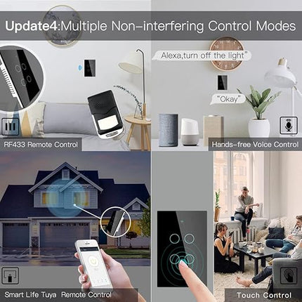 MOES 2.4GHz WiFi Wall Touch Smart Switch Neutral Wire Required, 3 Way Multi-Control, Glass Panel Light Switch Work with Smart Life/Tuya App, RF433 Remote Control, Alexa and Google Home Black 4 Gang MOES