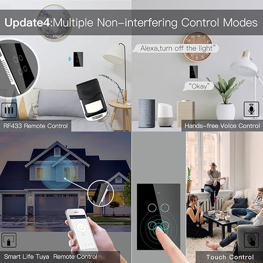 MOES 2.4GHz WiFi Wall Touch Smart Switch Neutral Wire Required, 3 Way Multi-Control, Glass Panel Light Switch Work with Smart Life/Tuya App, RF433 Remote Control, Alexa and Google Home Black 4 Gang MOES