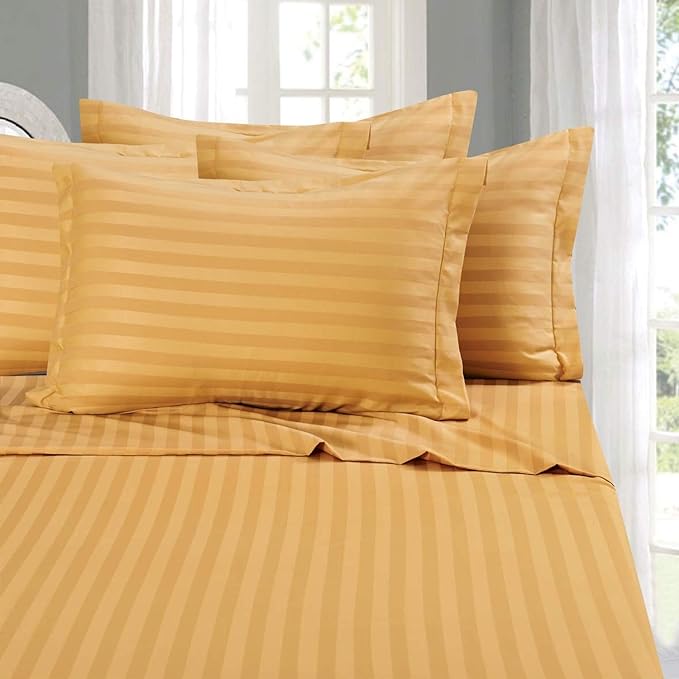 Elegant Comfort Best, Softest, Coziest 6-Piece Sheet Sets! - 1500 Premier Hotel Quality Luxurious Wrinkle Resistant 6-Piece DAMASK STRIPE Bed Sheet Set, Queen Camel/Gold - LeafyLoom