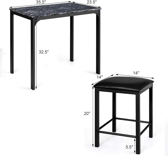 ARLIME 3-Piece Dining Table Set, 2 Chairs and 1 Table with Faux Marble Tabletop, Indoor Modern Dining Table Furniture Set with Metal Frame, for Kitchen, Dining Room, Bar (Black) - LeafyLoom