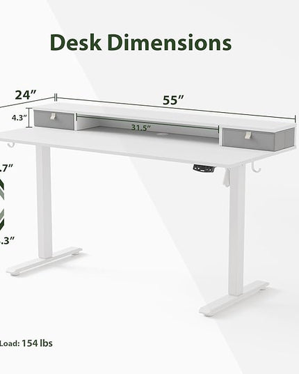 55 x 24 Inches Electric Standing Desk with 2 Storage Drawers, Stand Up Desk Adjustable Height, Sit and Stand Computer Table with Splice Board, White - LeafyLoom