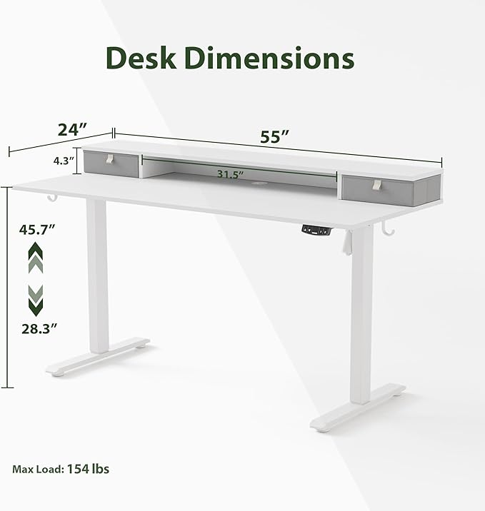 55 x 24 Inches Electric Standing Desk with 2 Storage Drawers, Stand Up Desk Adjustable Height, Sit and Stand Computer Table with Splice Board, White - LeafyLoom