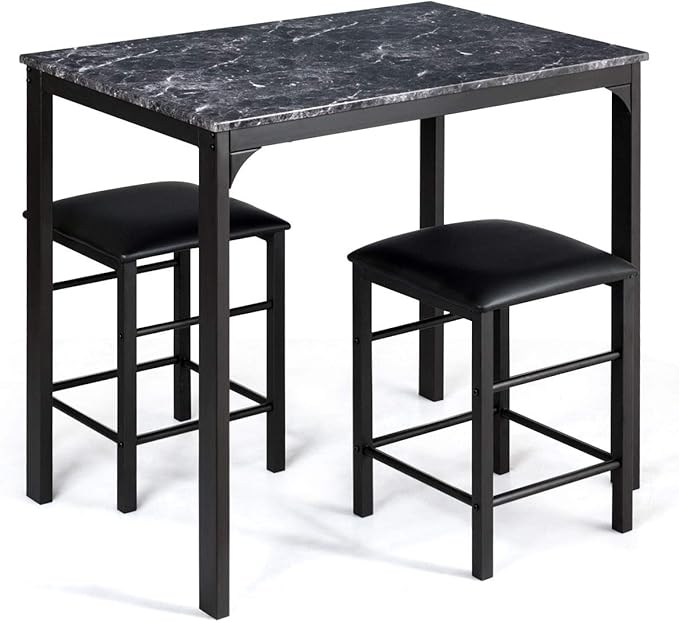 ARLIME 3-Piece Dining Table Set, 2 Chairs and 1 Table with Faux Marble Tabletop, Indoor Modern Dining Table Furniture Set with Metal Frame, for Kitchen, Dining Room, Bar (Black) - LeafyLoom