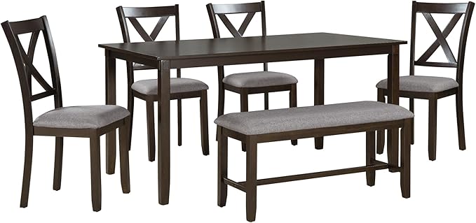 6-Piece Classic Dinette Sets Rectangular Wooden Kitchen Dining Table, 4 Fabric Chairs & Bench, for Diningroom Living Room, Easy to Assemble, Espresso 4 - LeafyLoom