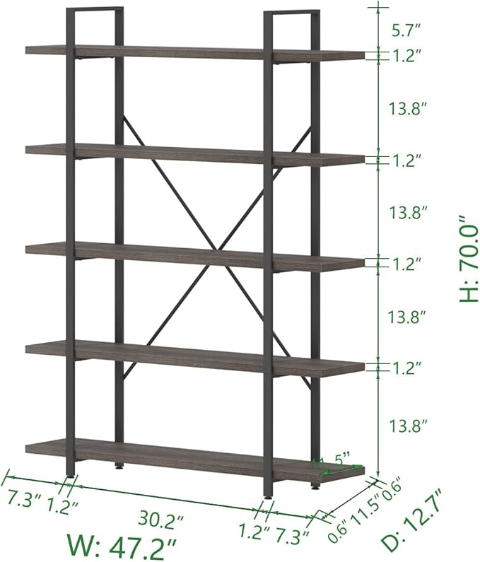 HSH 5 Shelf Bookcases and Book Shelves,Industrial Modern 5 Tier Tall Bookshelf, Rustic Wood and Metal Large Book Shelf for Bedroom Living Room,Vintage Open Wide Vertical Etagere Book Case, Dark Gray - LeafyLoom
