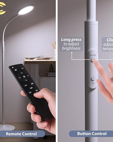 White Floor Lamp,Super Bright Dimmable Led Floor Lamps for Living Room, Custom Color Temperature Standing Lamp with Remote Push Button, Adjustable Gooseneck Reading Floor Lamp (LK-1006) - LeafyLoom