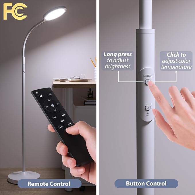 White Floor Lamp,Super Bright Dimmable Led Floor Lamps for Living Room, Custom Color Temperature Standing Lamp with Remote Push Button, Adjustable Gooseneck Reading Floor Lamp (LK-1006) - LeafyLoom