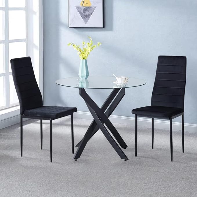 Round Tempered Glass Dining Table for 2-4 with Metal Legs, 35.5 in Modern Small Kitchen Table for Kitchen Dining Room (Black) - LeafyLoom
