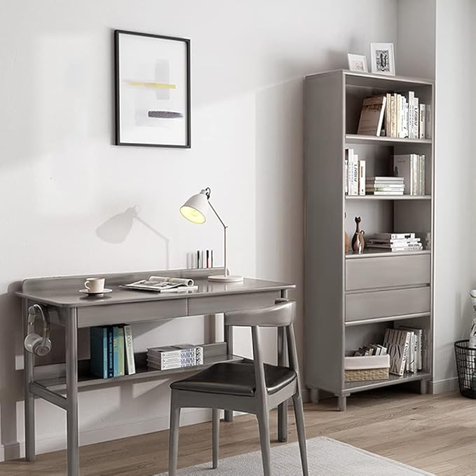 IOTXY Floorstanding Wooden Bookcase with Legs - 67" Tall Open Shelves Cube Billy Bookshelf with Drawers for Home and Office, Grey - LeafyLoom