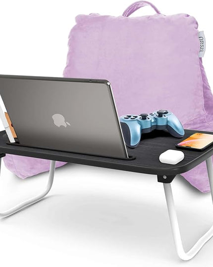 Nestl Reading Pillow with Portable Laptop Lap Desk, Velvet Feel Back Pillow for Sitting in Bed, Shredded Memory Foam Back Support Pillow for Bed, Bed Rest Pillow with Arms, Small - Lavender - LeafyLoom