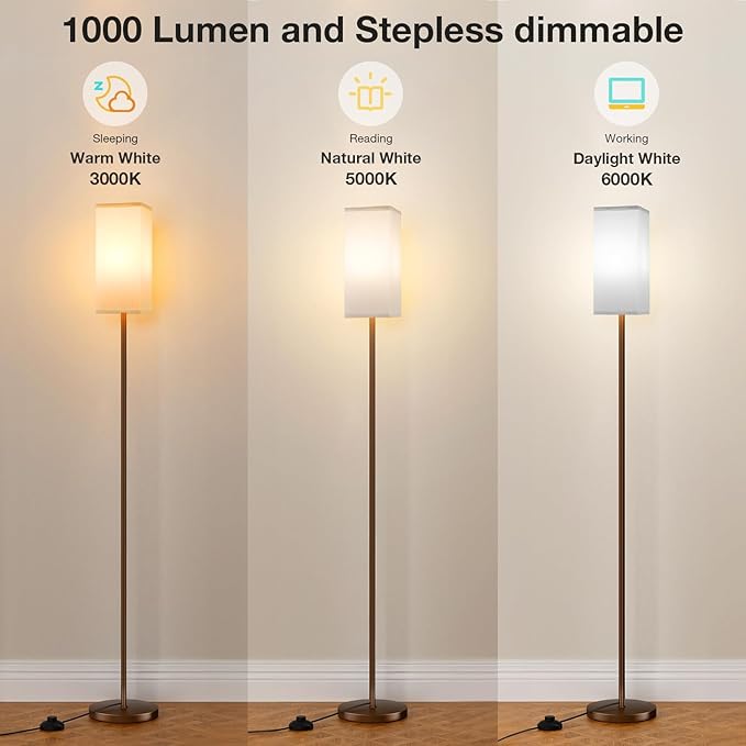 Ambimall Remote Control Floor Lamp, Stepless Dimmable, 64 Inches Tall, Include 9W Bulb, Standing Lamp for Living Room Bedroom Office (White & Brown) - LeafyLoom