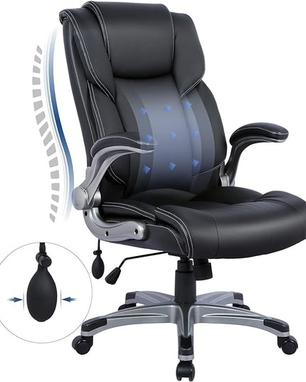 COLAMY High Back Executive Office Chair- Ergonomic Home Computer Desk Leather Chair with Padded Flip-up Arms, Adjustable Tilt Lock, Swivel Rolling Chair for Adult Working Study-Black - LeafyLoom