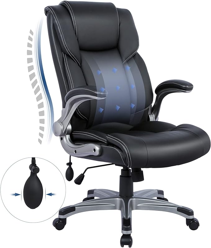 COLAMY High Back Executive Office Chair- Ergonomic Home Computer Desk Leather Chair with Padded Flip-up Arms, Adjustable Tilt Lock, Swivel Rolling Chair for Adult Working Study-Black - LeafyLoom