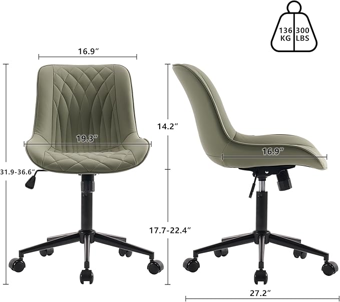 YOUNIKE Olive Armless Office Chair Swivel Desk Chair with Wheels Rolling Task Chair with Back Upholstered Leather Computer Gaming Chair Height Adjustable Modern Ergonomic Wide Seat - LeafyLoom