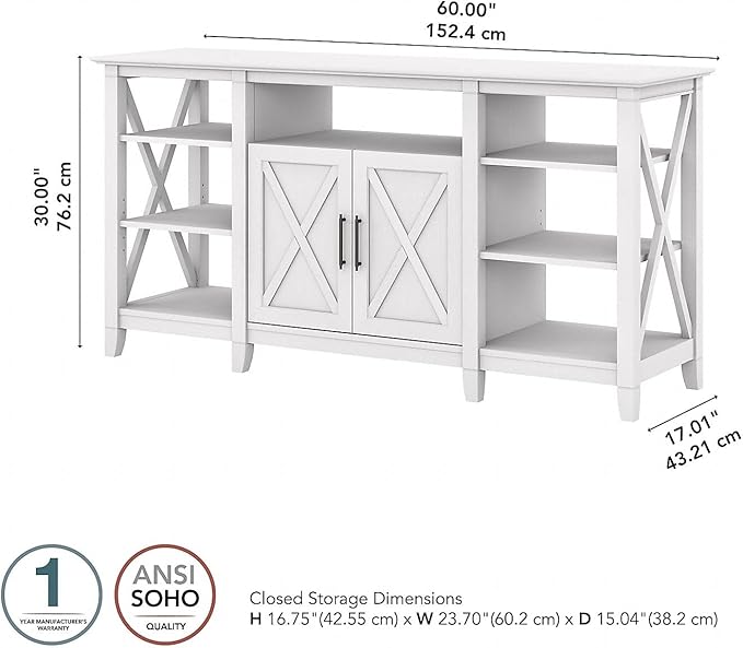 Bush Furniture Key West Tall TV Stand for 65 Inch TV in Pure White Oak, Farmhouse Entertainment Center with Storage - LeafyLoom