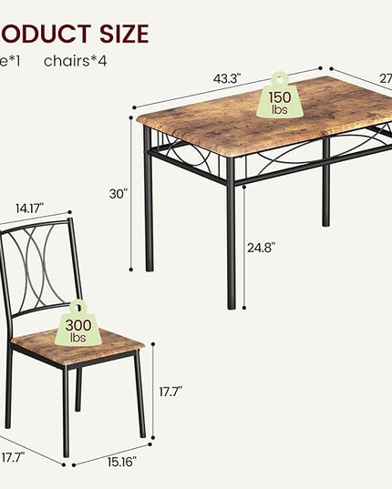 Kitchen Table and Chairs, Dining Room Table Set for 4 with Chairs, Kitchen Table Set Metal and Wood Rectangular Dining Table for Small Space, Apartment, Breakfast, Rustic Brown - LeafyLoom