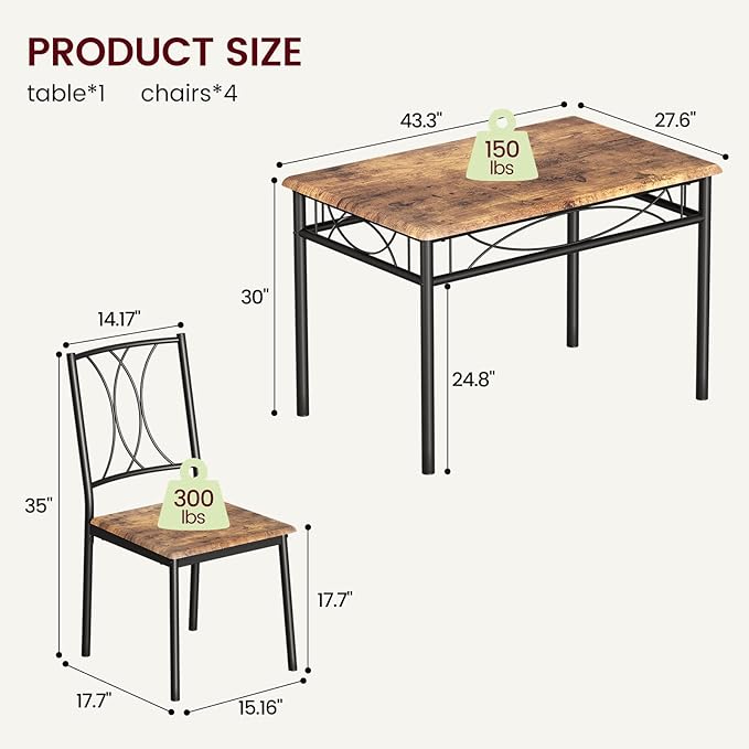 Kitchen Table and Chairs, Dining Room Table Set for 4 with Chairs, Kitchen Table Set Metal and Wood Rectangular Dining Table for Small Space, Apartment, Breakfast, Rustic Brown - LeafyLoom