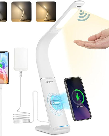 LED Desk Lamp with USB Charging Port, 10W wireless charger, Stepless dimmable, 3 Color Modes, Desk Lights for Home Office, Office Desk Lamp Eye Caring Reading Light, Gesture Control Table Lamp - LeafyLoom