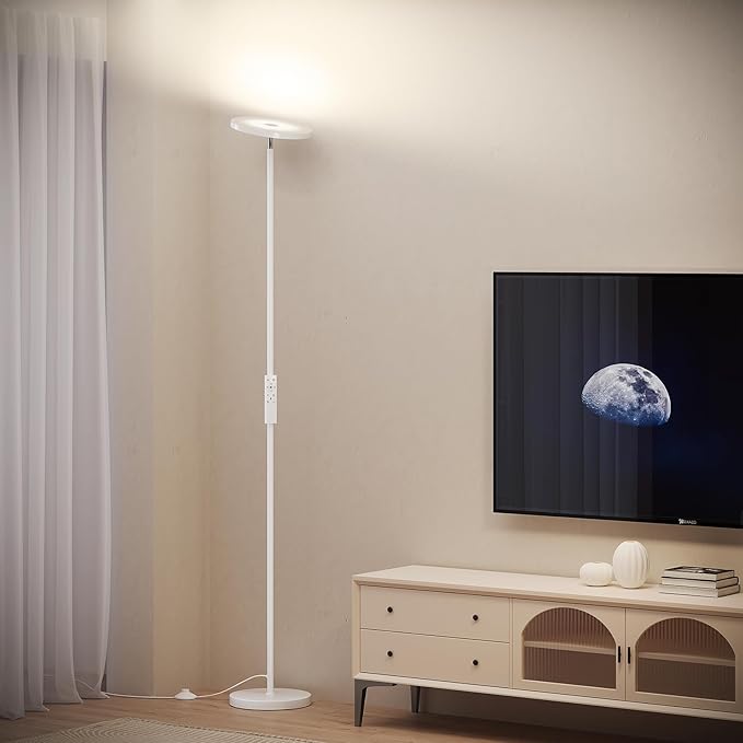 SUNMORY Floor Lamps for Living Room, 32W/3000LM Super Bright LED Floor Lamp with Remote Control, 69" Tall Standing Lamp with Stepless Dimmable, Modern Torchiere Corner Lamp for Bedroom, Office White - LeafyLoom