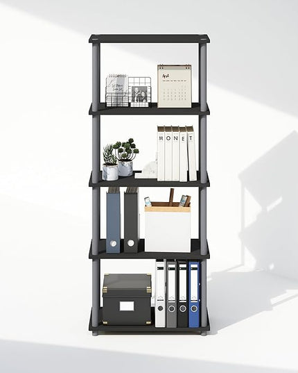 Furinno Turn-N-Tube 5-Tier Multipurpose Compact Display Rack, Shelving Unit, Bookcase, Black/Grey - LeafyLoom