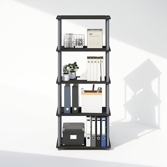 Furinno Turn-N-Tube 5-Tier Multipurpose Compact Display Rack, Shelving Unit, Bookcase, Black/Grey - LeafyLoom