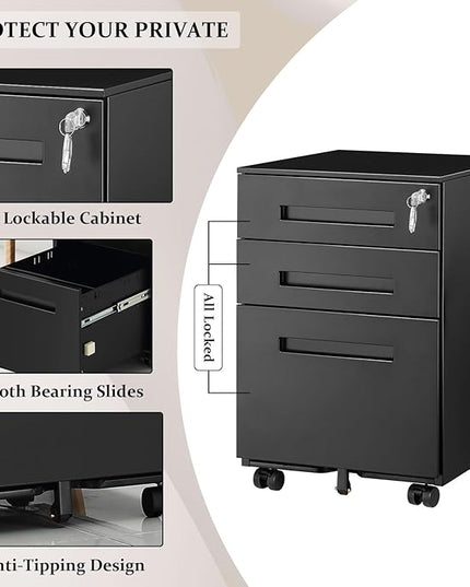3-Drawer Mobile File Cabinets Rolling Metal Filing Cabinet for Legal & Letter File Anti-tilt Design with Lock Under Desk Office Drawers Fully Assembled Except Casters Black(Style 3) - LeafyLoom