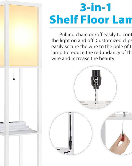 SHINE HAI LED Shelf Floor Lamp, Modern Standing Lamp with 1 USB Port and 1 Type C Port and 1 Power Outlet, 3-Tiered Display Floor Lamps with Shelves for Living Room, Bedroom, Office - White - LeafyLoom