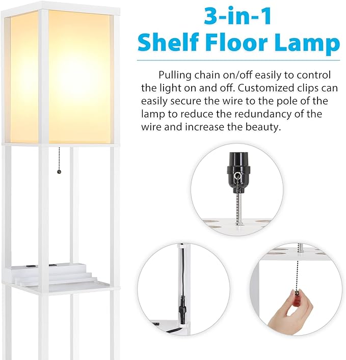 SHINE HAI LED Shelf Floor Lamp, Modern Standing Lamp with 1 USB Port and 1 Type C Port and 1 Power Outlet, 3-Tiered Display Floor Lamps with Shelves for Living Room, Bedroom, Office - White - LeafyLoom