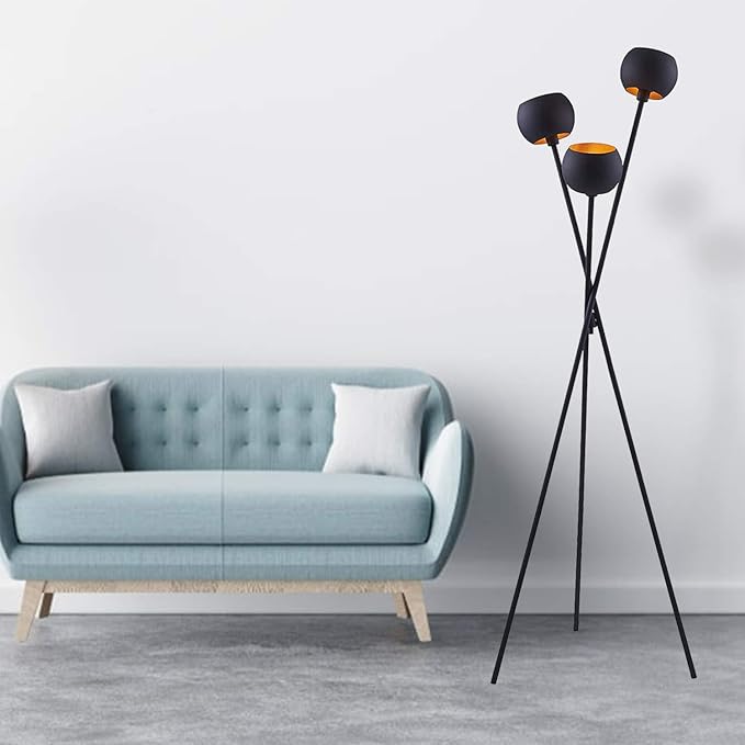 Tripod Floor Lamp - Black Modern Floor Lamp with 3 Matte Black Globe Head & Interwining Tripod Legs Perfect for Mid-Century Living Room and Bedroom - LeafyLoom