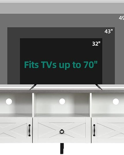 YITAHOME Mid-Century Modern TV Stand for 70/65/60/55 inch, Boho Wood TV Table Farmhouse Media Console with Storage Cabinet and Open Shelves for Living Room, Bedroom, 65 inch, White/Grey - LeafyLoom