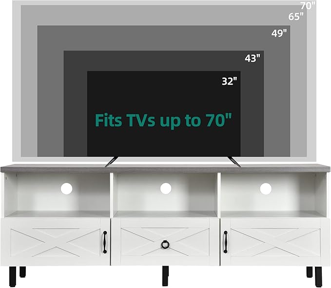 YITAHOME Mid-Century Modern TV Stand for 70/65/60/55 inch, Boho Wood TV Table Farmhouse Media Console with Storage Cabinet and Open Shelves for Living Room, Bedroom, 65 inch, White/Grey - LeafyLoom