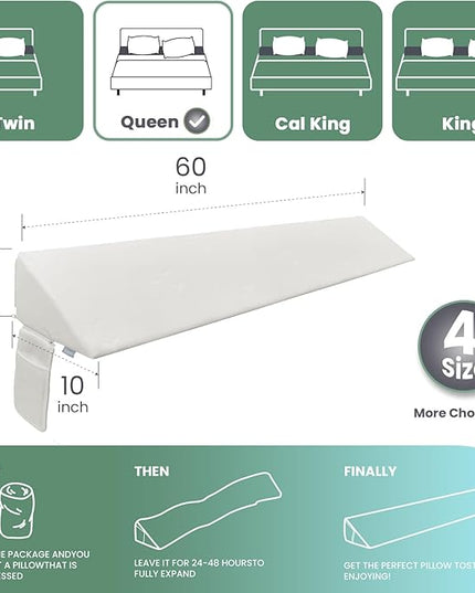 Wedge Pillow Headboard, Ultimate Comfort Bed Wedge Pillow for Headboard, Relaxation Bed Gap Filler for Queen(60"x10"x6"), Foam Pillow Wedge for Headboard Gap, Overall Bed Gap Filler. - LeafyLoom