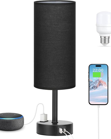 Black Bedroom Lamp for Nightstand - 3 Way Dimmable Bedside Lamp USB C A Charging Ports and AC Outlet, Small Table Lamp Black Base for Living Room, Office Desk, LED Bulb Included - LeafyLoom