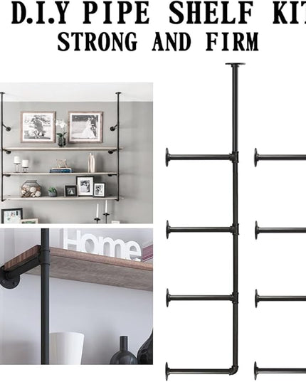 HITOMEN Industrial Iron Pipe Shelves, 2 Set 4-Tier, 56" Tall, 12" Depth, DIY Open Bookshelf Bookcase, Wall Mounted Vintage Retro Shelving, Rustic Farmhouse Pantry Kitchen Storage, Black Shelf Brackets - LeafyLoom