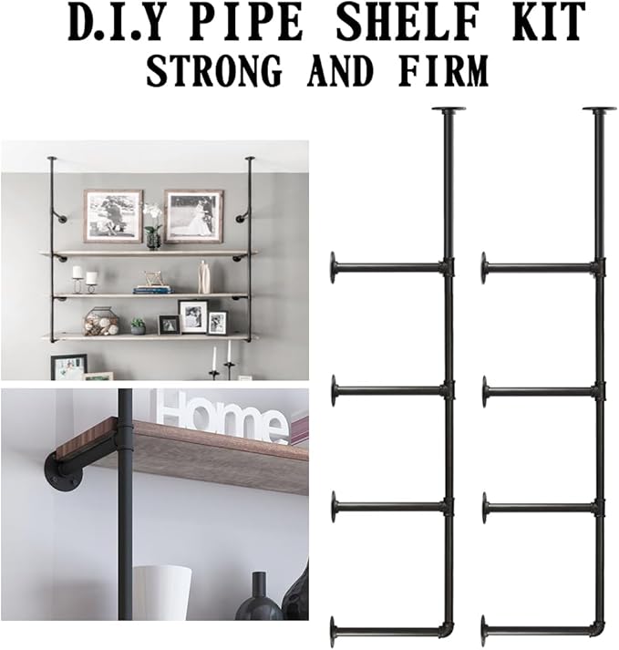 HITOMEN Industrial Iron Pipe Shelves, 2 Set 4-Tier, 56" Tall, 12" Depth, DIY Open Bookshelf Bookcase, Wall Mounted Vintage Retro Shelving, Rustic Farmhouse Pantry Kitchen Storage, Black Shelf Brackets - LeafyLoom