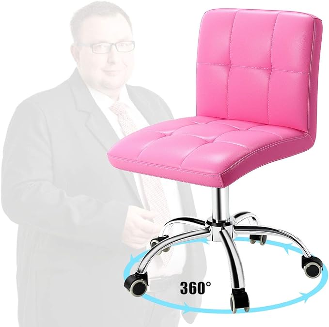 360° Office Desk Chair,PU Adjustable Rolling Task Chair with Backrest for Barber,Office,Home, Computer,360° Swivel,Armless (pink) - LeafyLoom