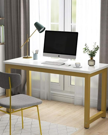 Tribesigns Modern Computer Desk, 55 inches Large Office Desk Computer Table Study Writing Desk for Home Office, White Gold Metal Frame - LeafyLoom