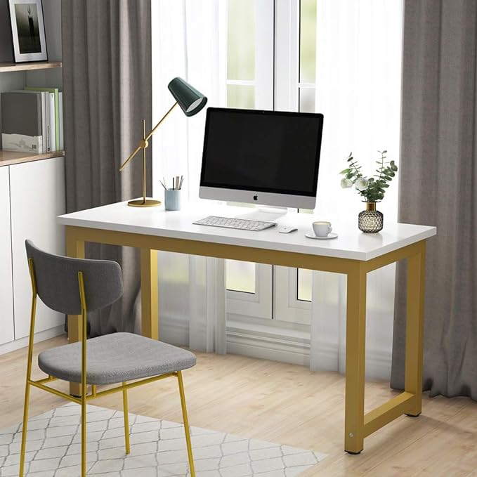 Tribesigns Modern Computer Desk, 55 inches Large Office Desk Computer Table Study Writing Desk for Home Office, White Gold Metal Frame - LeafyLoom