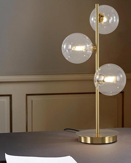 Mid Century Gold Globe Table Lamp Modern Golden Desk Reading Lamp Contemporary Brass Metal Nightstand Lamp with Clear Glass Shade Bedside Lamp for Bedroom Study Room Office MTL03-C - LeafyLoom