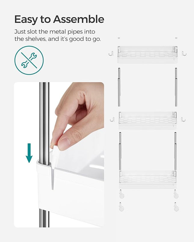 SONGMICS Slim Storage Cart, 3-Tier Rolling Cart, Narrow Utility Cart on Wheels, 6 Hooks, 360° Swivel Wheels, Lockable, Steel Frame, Bathroom, Kitchen, Office, Cloud White UKSC009W01 - LeafyLoom