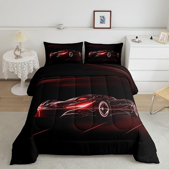 Feelyou Red Race Car Bedding Set Full Size for Kids Boys Extreme Sport Games Comforter Set Teens Toddler Fast and Furious Duvet Set Cool Modern Quilt Set 3Pcs - LeafyLoom