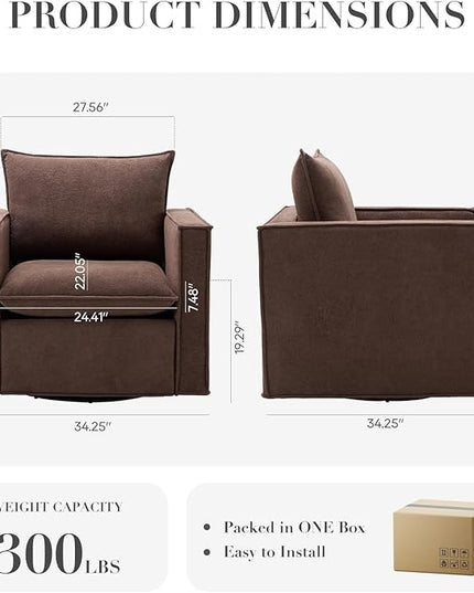 COLAMY Swivel Accent Chair Set of 2, 34inches Wide Upholstered Arm Chair with Plump Back Pillow, Modern Sofa Living Room Chair for Bedroom, Corner, Reading Nook-Brown - LeafyLoom