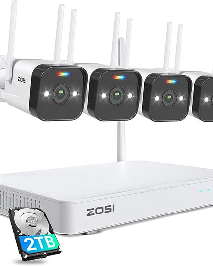 ZOSI 2.5K WiFi Security Camera Wireless Outdoor System,2TB HDD,8 Channel NVR for 24/7 Recording,4 x 4MP Cameras for Home with Color Night Vision,Person Vehicle Detection,2-Way Talk,Siren Alarm,Plug-in ZOSI