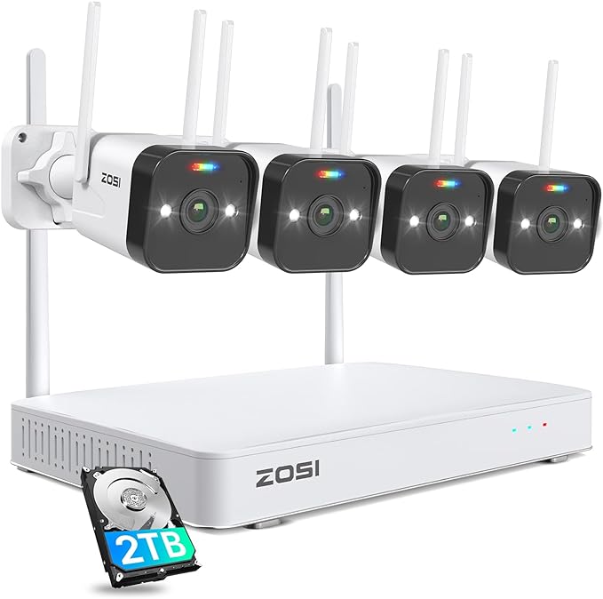 ZOSI 2.5K WiFi Security Camera Wireless Outdoor System,2TB HDD,8 Channel NVR for 24/7 Recording,4 x 4MP Cameras for Home with Color Night Vision,Person Vehicle Detection,2-Way Talk,Siren Alarm,Plug-in ZOSI