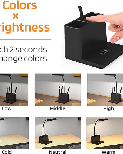 AXX LED Desk Lamp for Home Office, Battery Operated Desk Light for Computer/Desktop - Black, Small, Cute, 3 Way, Rechargeable, Flexible Gooseneck, Pen Holder - Study Table Lamp for Bedroom Reading - LeafyLoom