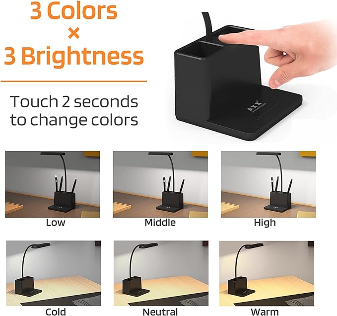 AXX LED Desk Lamp for Home Office, Battery Operated Desk Light for Computer/Desktop - Black, Small, Cute, 3 Way, Rechargeable, Flexible Gooseneck, Pen Holder - Study Table Lamp for Bedroom Reading - LeafyLoom
